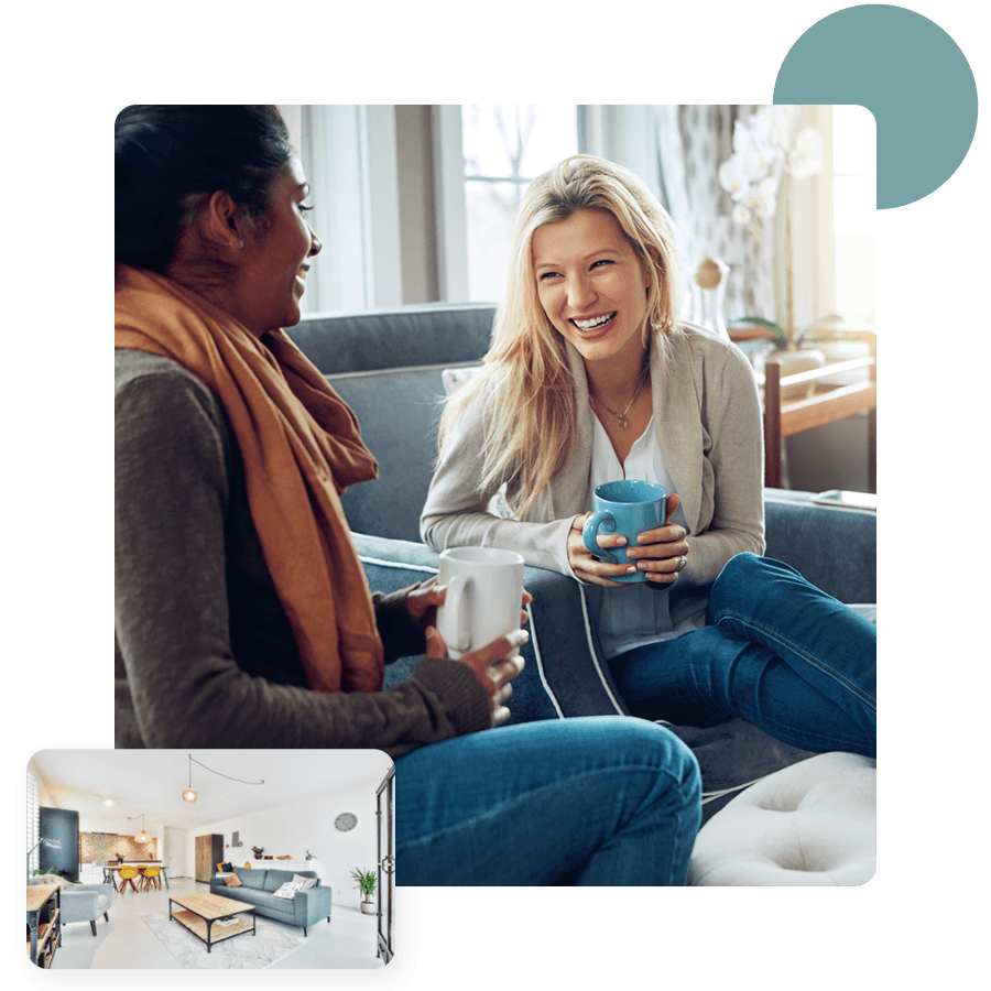 Friends enjoying tea together in a clean, comfortable home