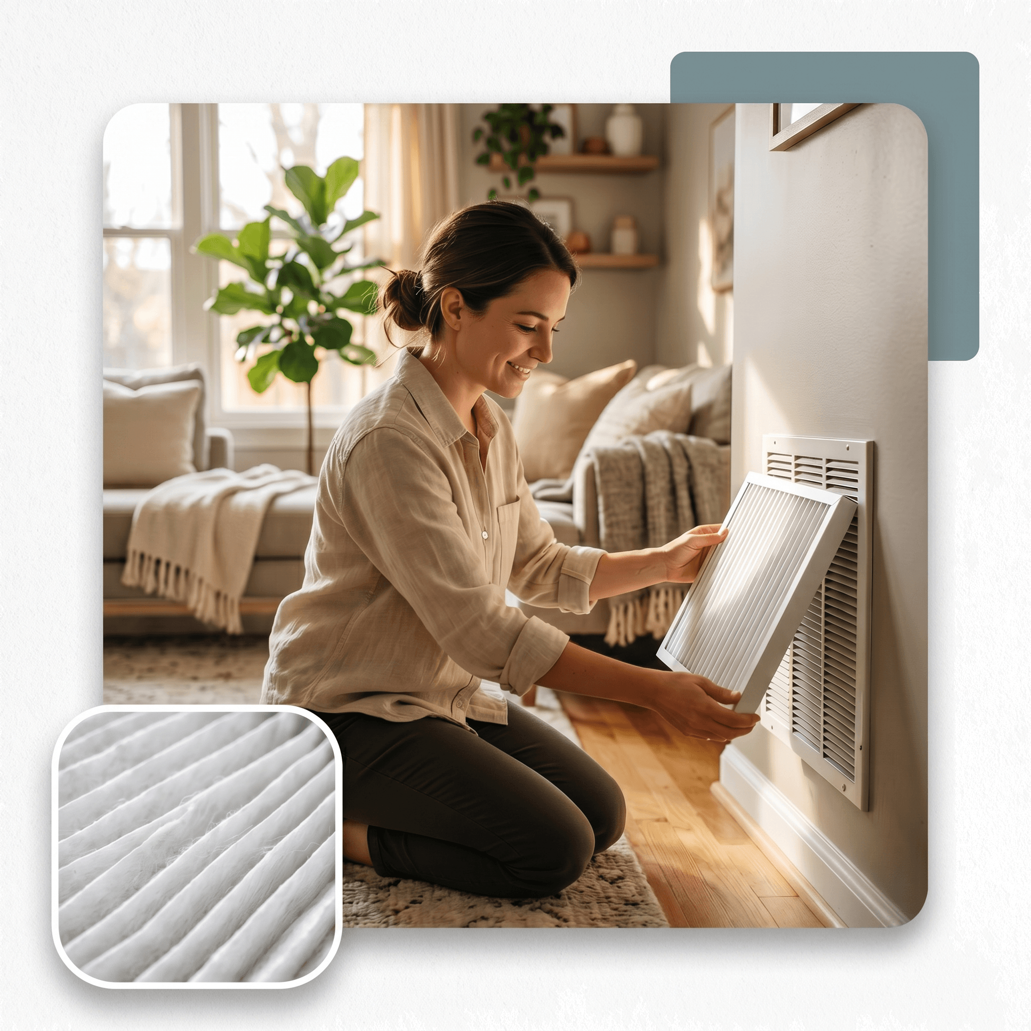 A homeowner installing a clean pleated air filter into a wall vent in a sunlit living room