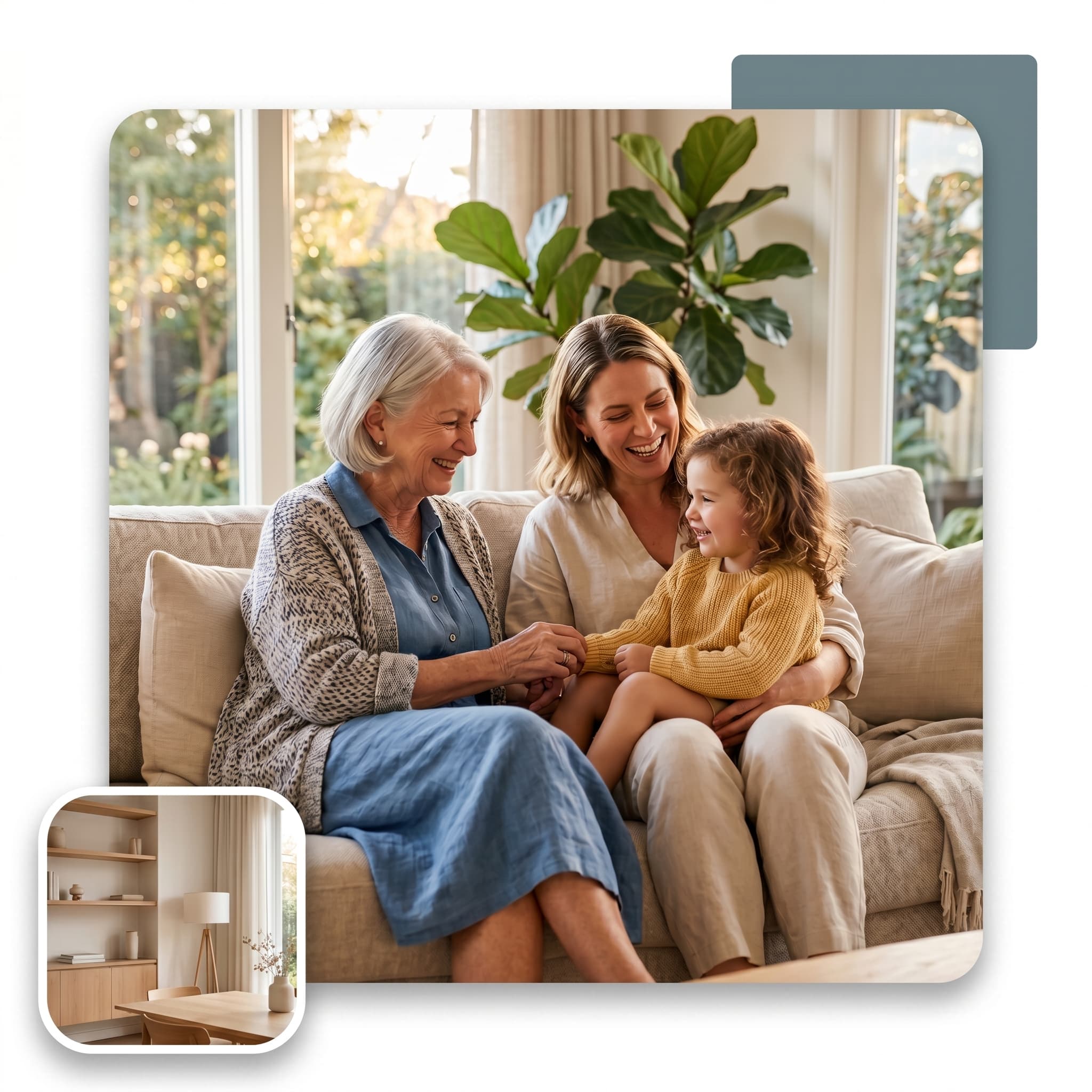 Three generations of a family laughing together on a couch
