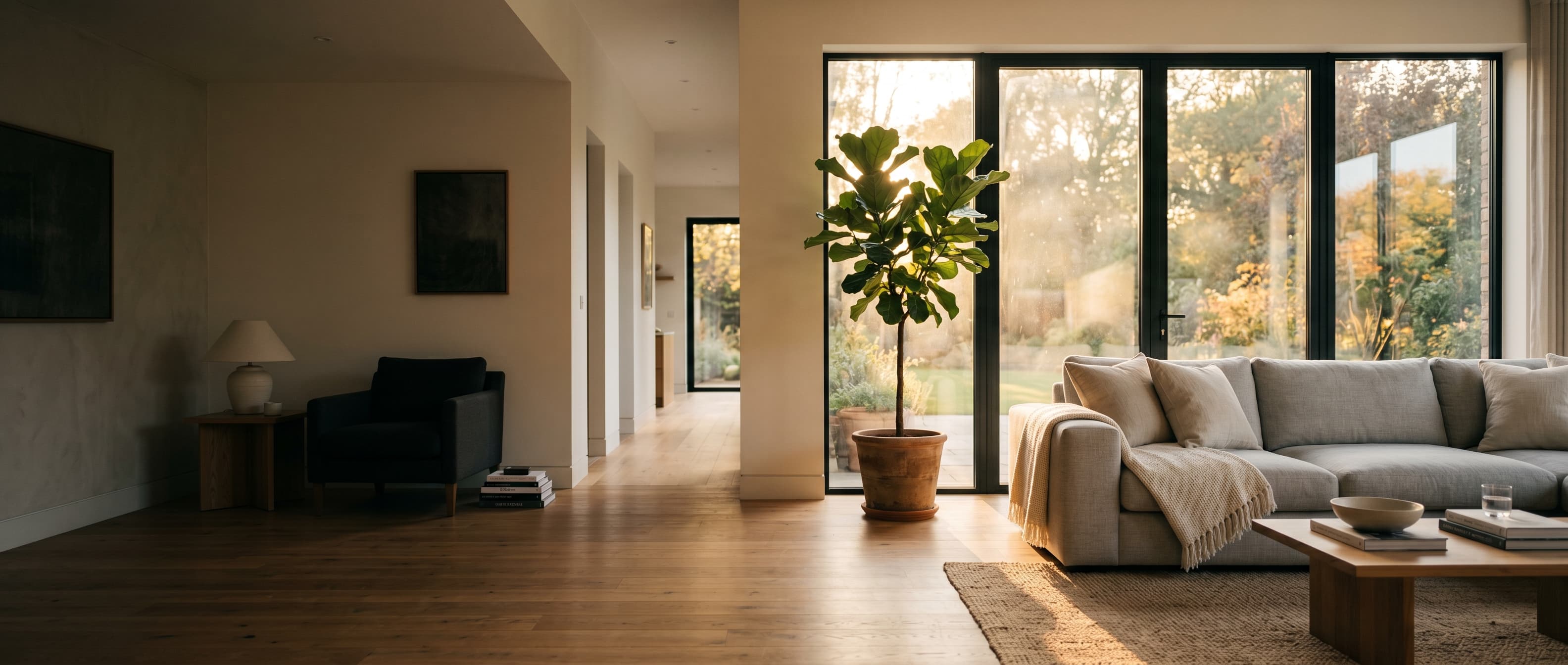 Sunlit modern living room with golden afternoon light